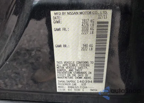 2016 Nissan Altima 2.5 S z USA, uszkodzony, nr VIN 1N4AL3AP0GC140394